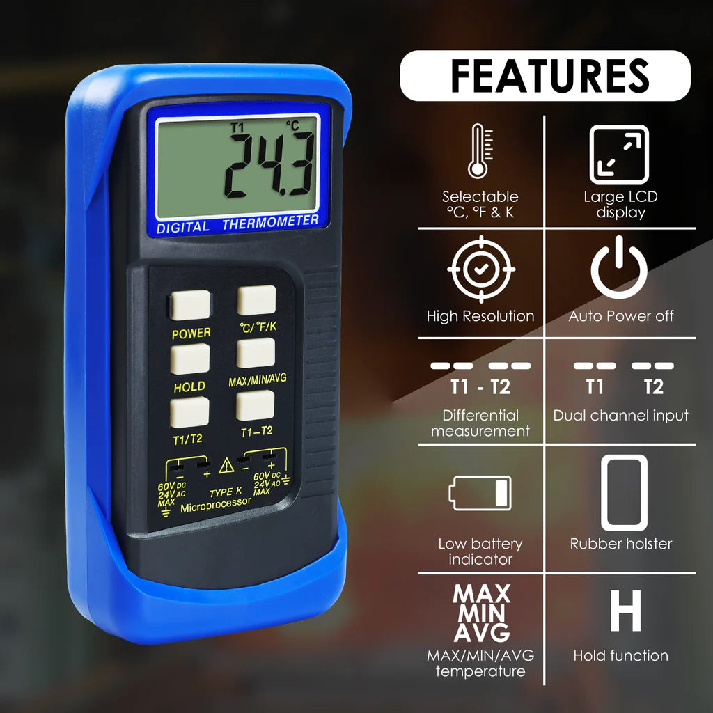 Digital 2-Channel K-Type Thermometer with 4 Thermocouples (-50°C to 1300°C / -58°F to 2372°F)