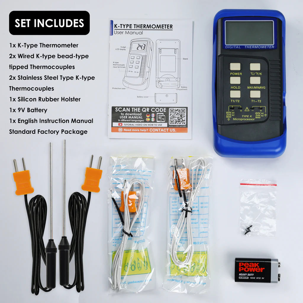 Digital 2-Channel K-Type Thermometer with 4 Thermocouples (-50°C to 1300°C / -58°F to 2372°F)