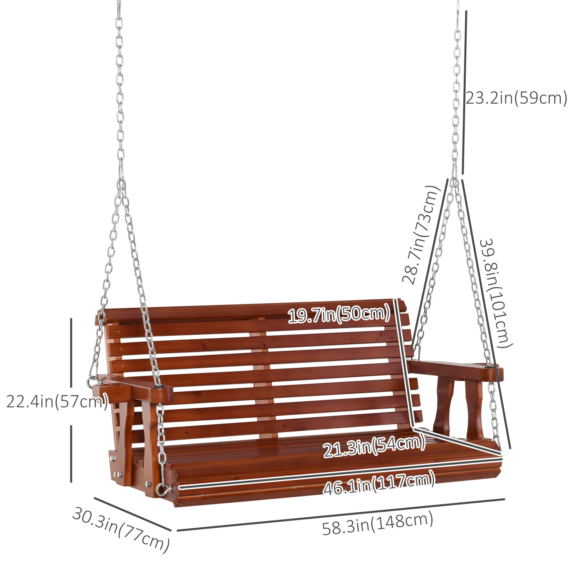 Outsunny Wooden Patio Swing Chair 2 Seater Porch Swing with Cup Holder Chains Outdoor Bench for Garden Yard Brown 
