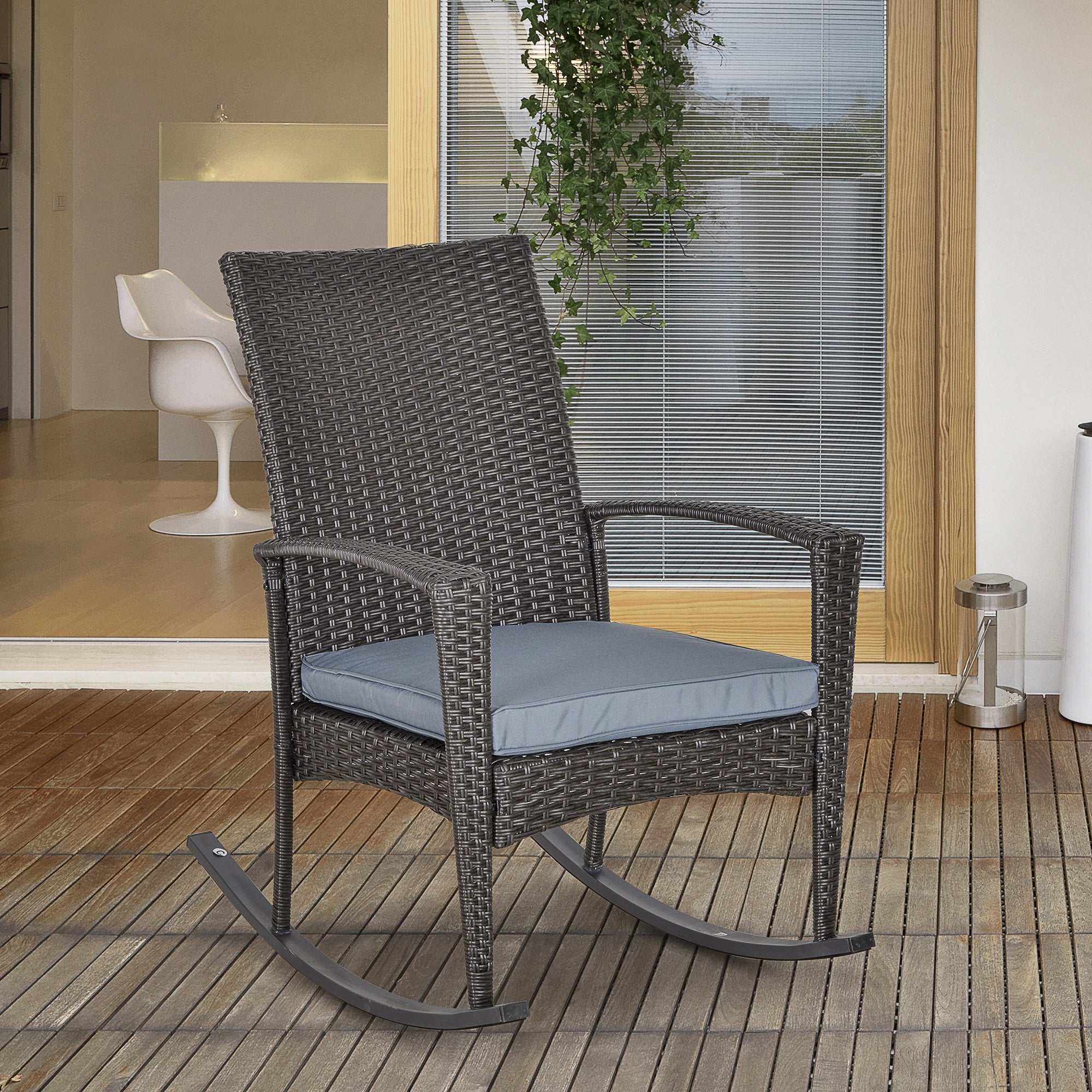 Outsunny Outdoor PE Rattan Rocking Chair, Garden Glider Rocking Chair, Wicker Patio Chair Set with Armrest and Cushion, Grey 