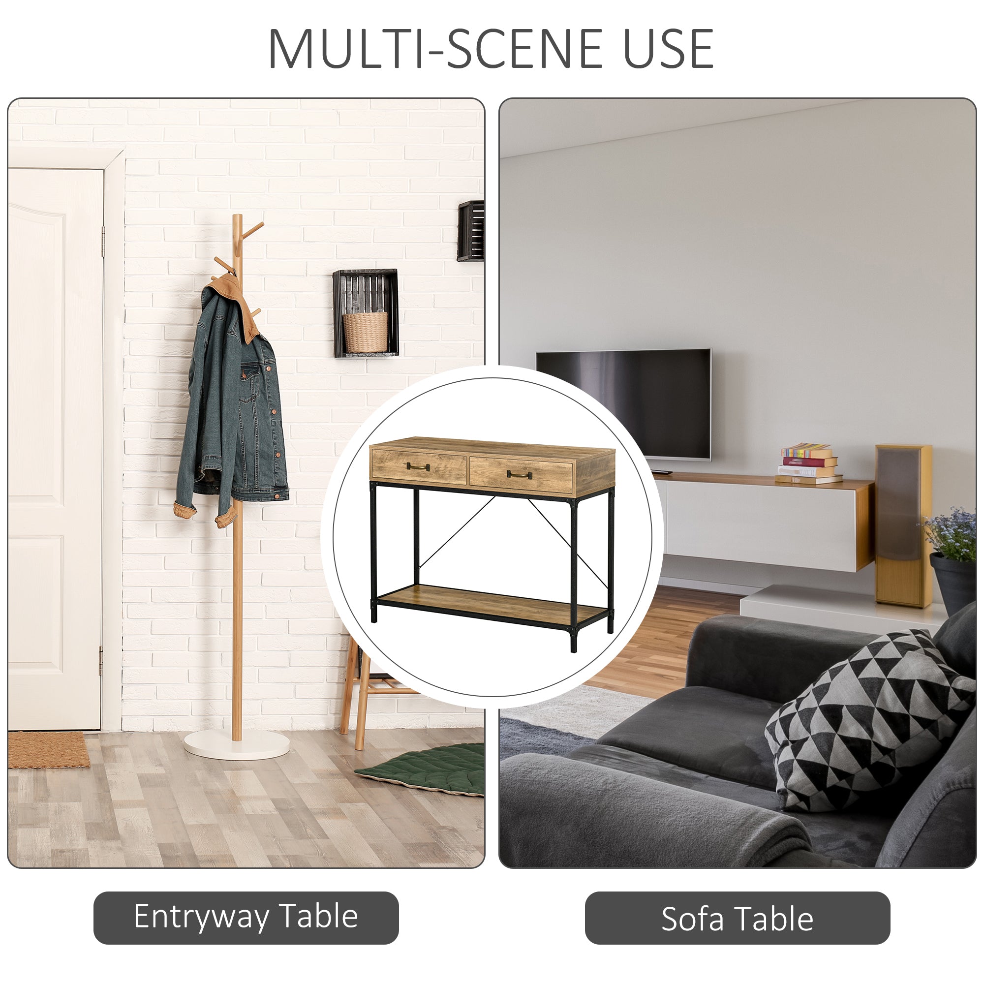 HOMCOM Vintage Console Table: Sofa Table with Storage Drawers & Shelf, Living Room/Entryway/Bedroom, Brown 