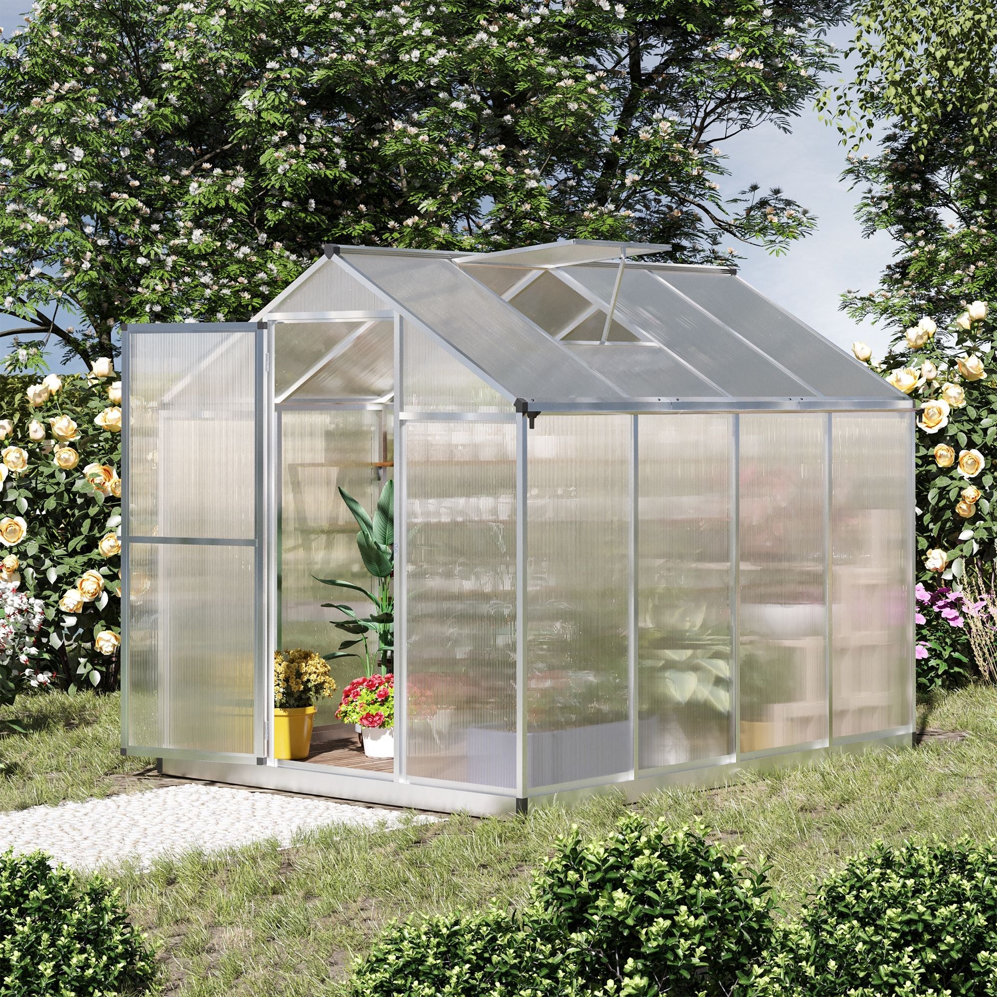 Outsunny Large Walk-In Greenhouse: 8'x6.25' with Polycarbonate Panels, Sturdy Frame & Portable Design for Outdoor Plant Growth 