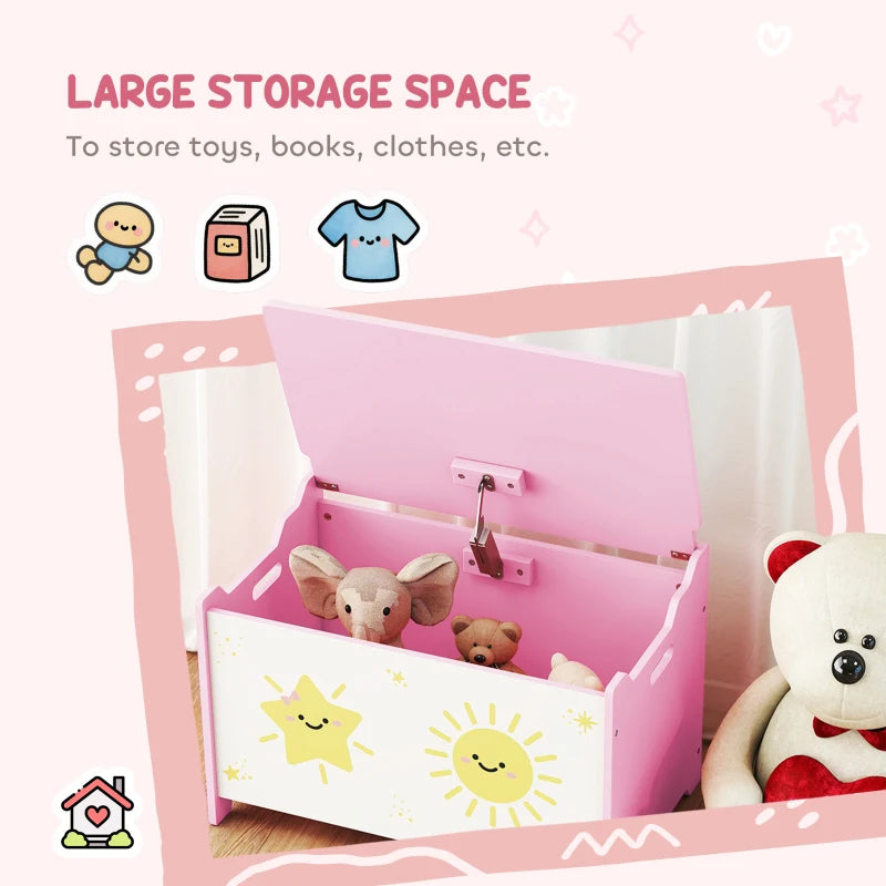Qaba Toy Chest, Kids Storage Chest with Lid, Safety Hinges and Groove Handles for Boys, Girls, Pink