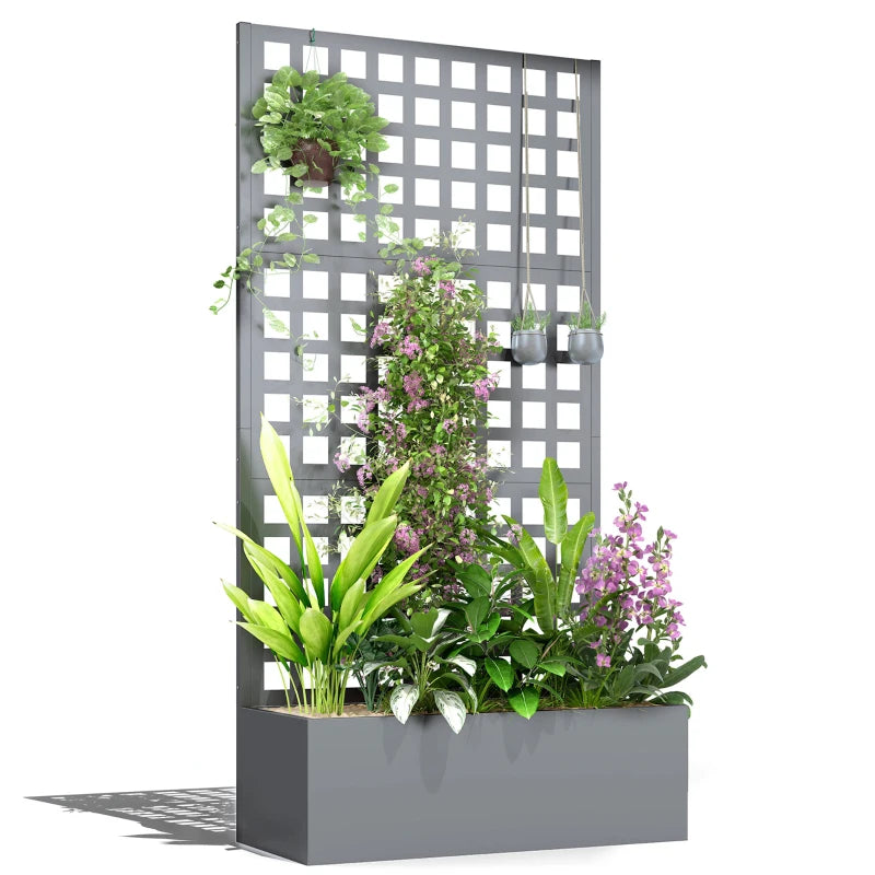 Galvanized Raised Garden Bed Planter Box with Trellis for Climbing Plant, Vegetable, Vine, 35"x16"x70" Grey Wood Effect