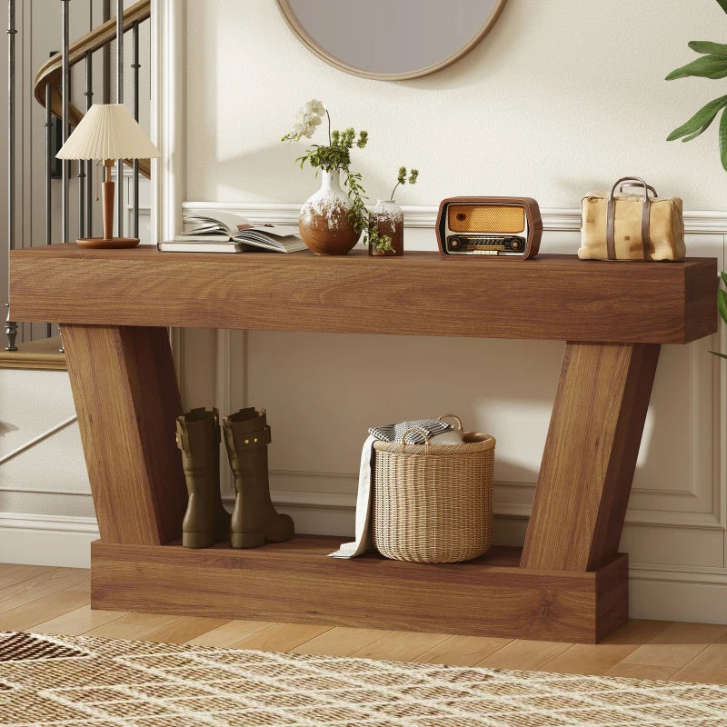 63 Inch Vintage Console Table, Narrow Entryway Table with Open Shelf for Living Room, Dark Brown