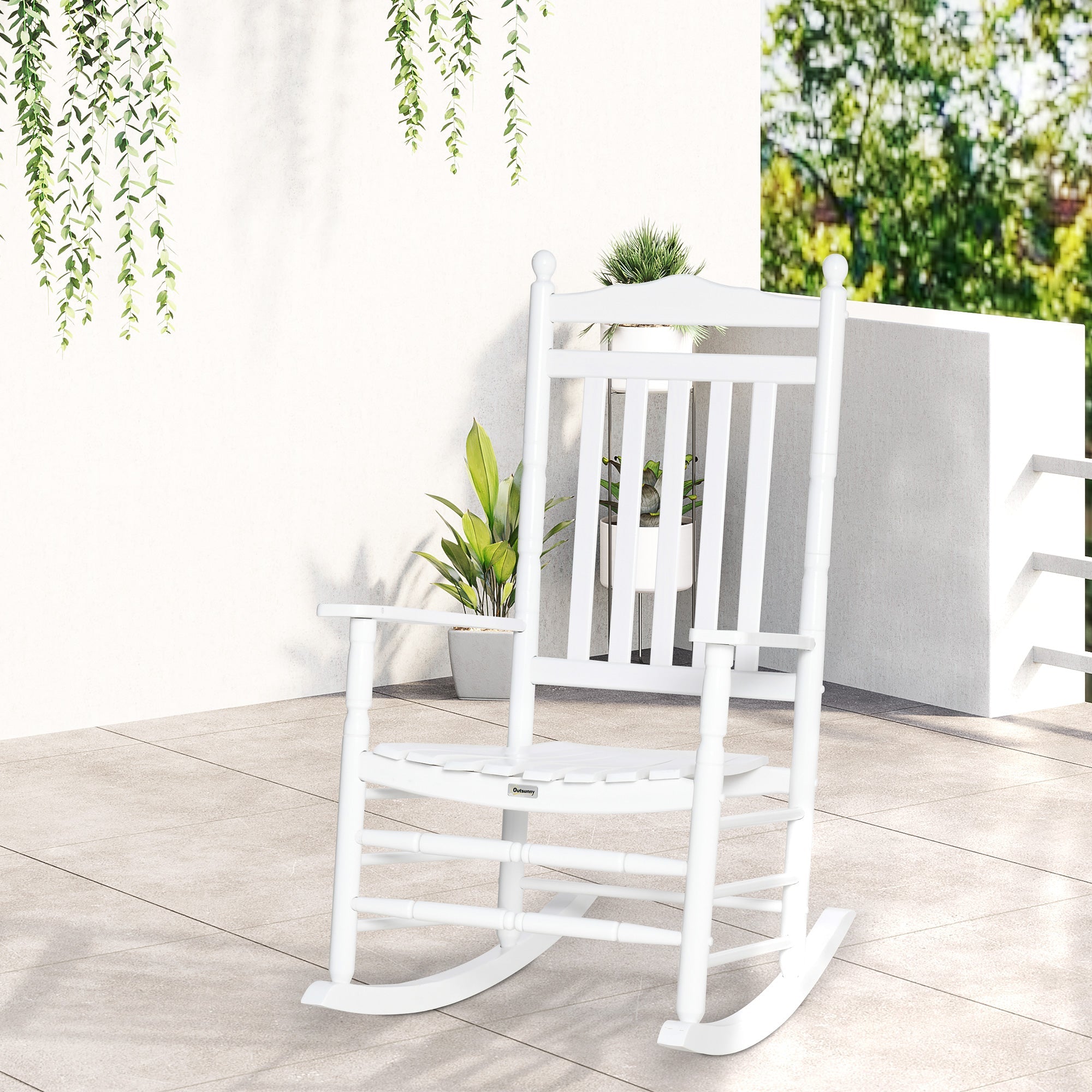Outsunny Wooden Outdoor Rocking Chair, Patio Rocking Chair with Slatted High Back and Armrests for Porch, Garden, Lawn, White 