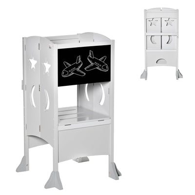 Qaba Foldable Kids Kitchen Helper Stool with Blackboard & Lockable Handrail for Ages 3-6 in Grey 
