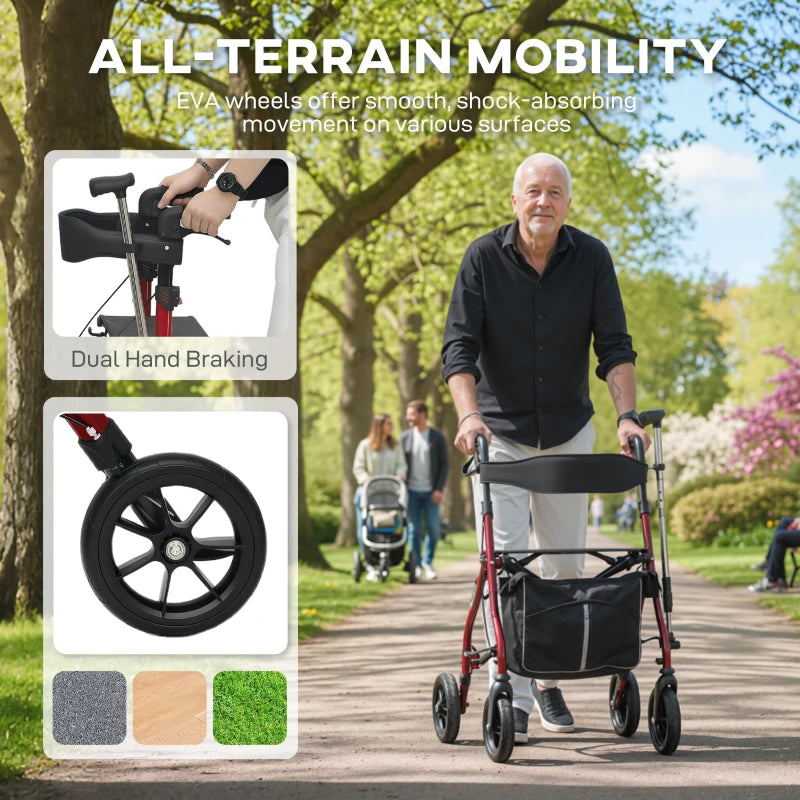 Foldable Rollator Walker with Seat for Seniors, Lightweight Rolling Walker with Adjustable Handles, Red