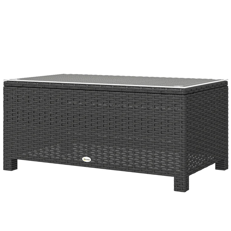PE Wicker Outdoor Coffee Table with Glass Top Garden Patio Table, Dark Grey