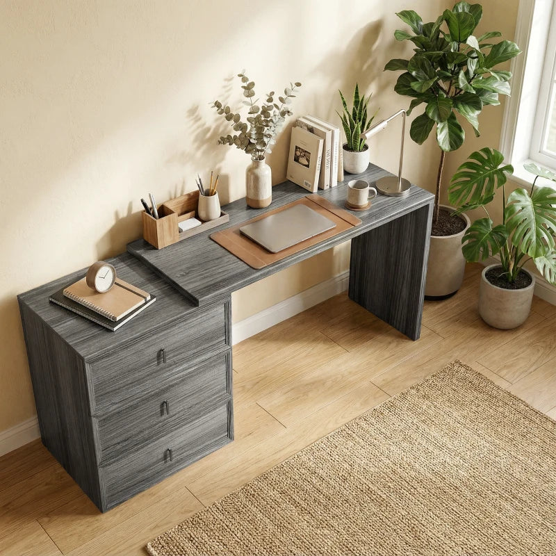 L Shaped Computer Desk Home Office Desk with 3 Drawers Black Wood Grain