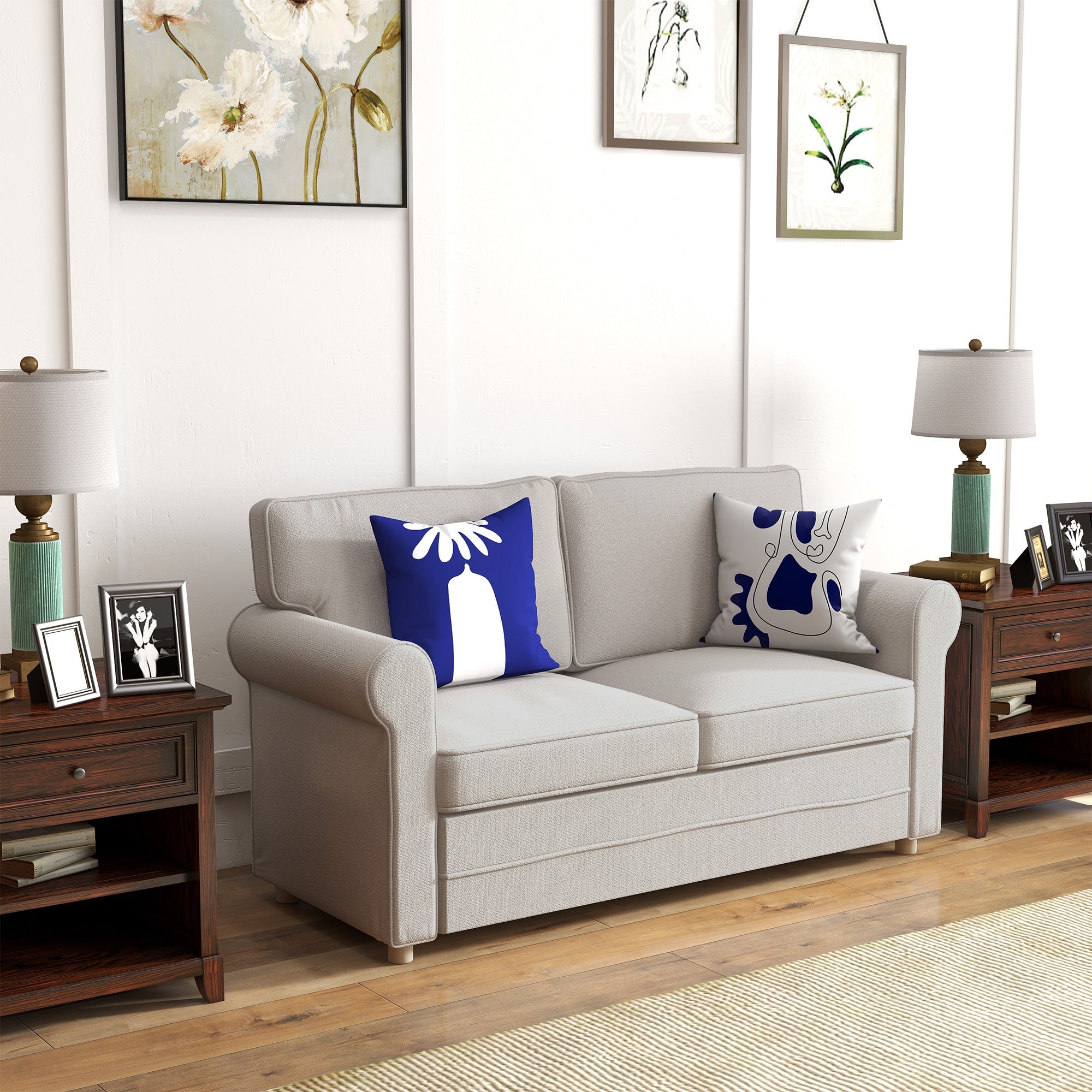 HOMCOM 59" Loveseat Sofa Bedroom Living Room Upholstered 2 Seater Couch Steel Frame Light Grey 