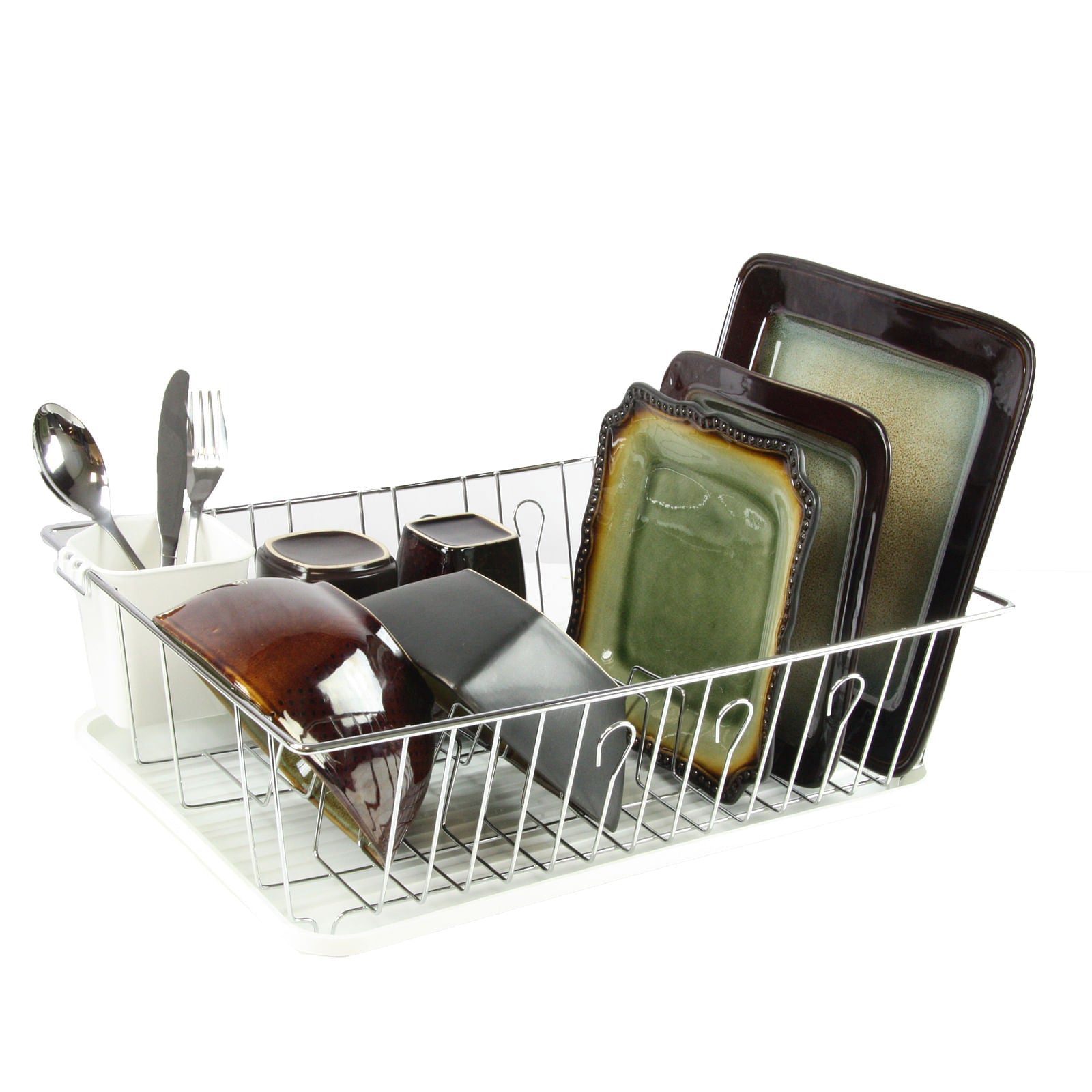 MegaChef 17.5 Inch White Single Level Dish Rack with 14 Plate Positioners and a Detachable Utensil Holder - Free Shipping