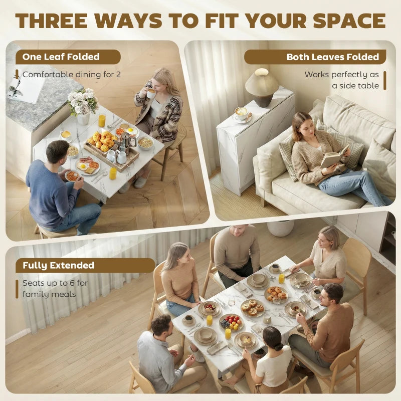 Extendable Dining Table, Collapsible Folding Table with 2-tier Shelves and Rolling Casters, Marble White