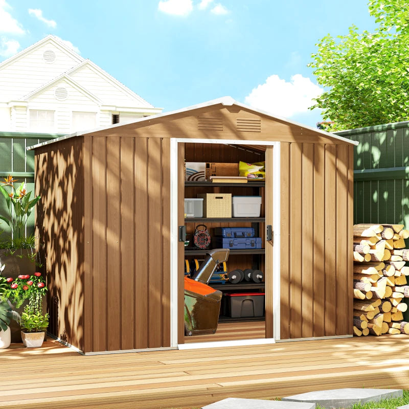 8' x 6' Outdoor Storage Shed, Metal Garden Tool Storage House with Lockable Sliding Doors and Vents for Backyard Patio Lawn, Dark Brown