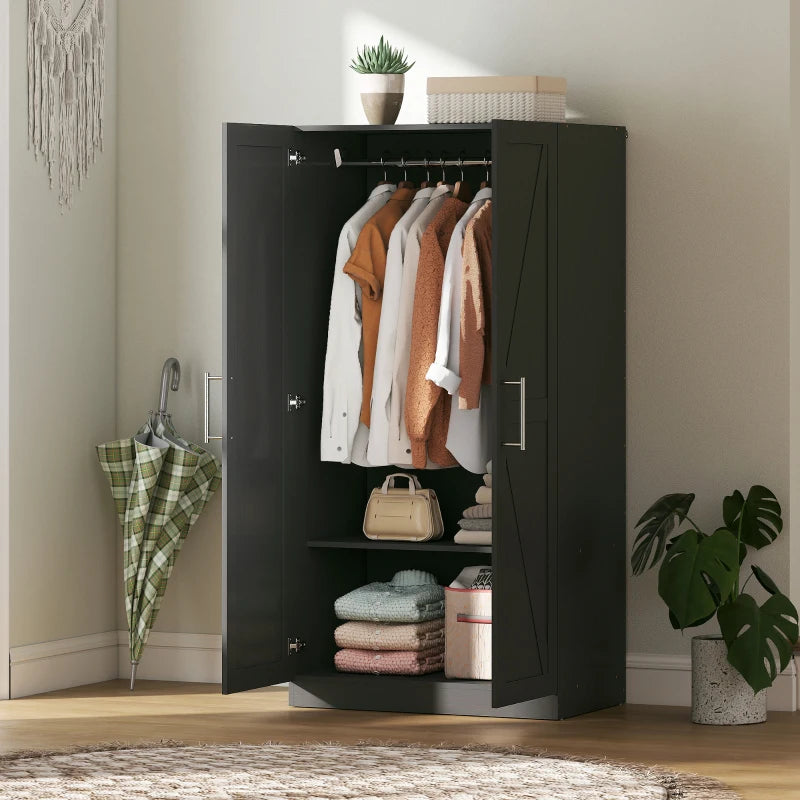 Wardrobe Cabinet with 2 Barn Doors and Hanging Rod, Farmhouse Armoire Wardrobe Closet for Bedroom, Black Wood Effect