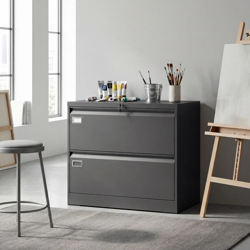 Lateral Filing Cabinet with 2 Drawers, Lockable Steel File Cabinet for A4/Letter/Legal Size Files, Black