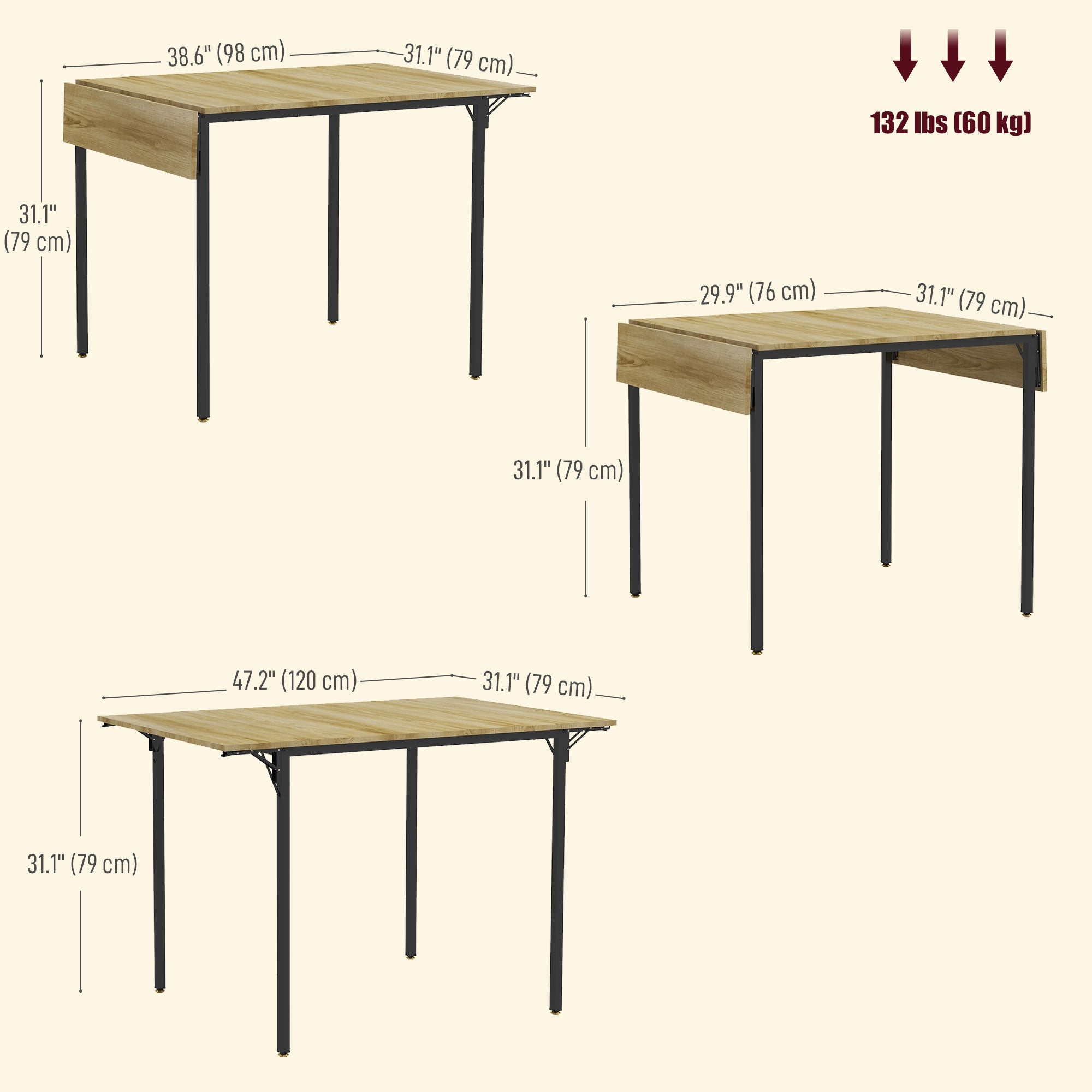 HOMCOM Drop Leaf Folding Extendable Dining Table Small Space Kitchen 2 to 4 People Natural Wood 