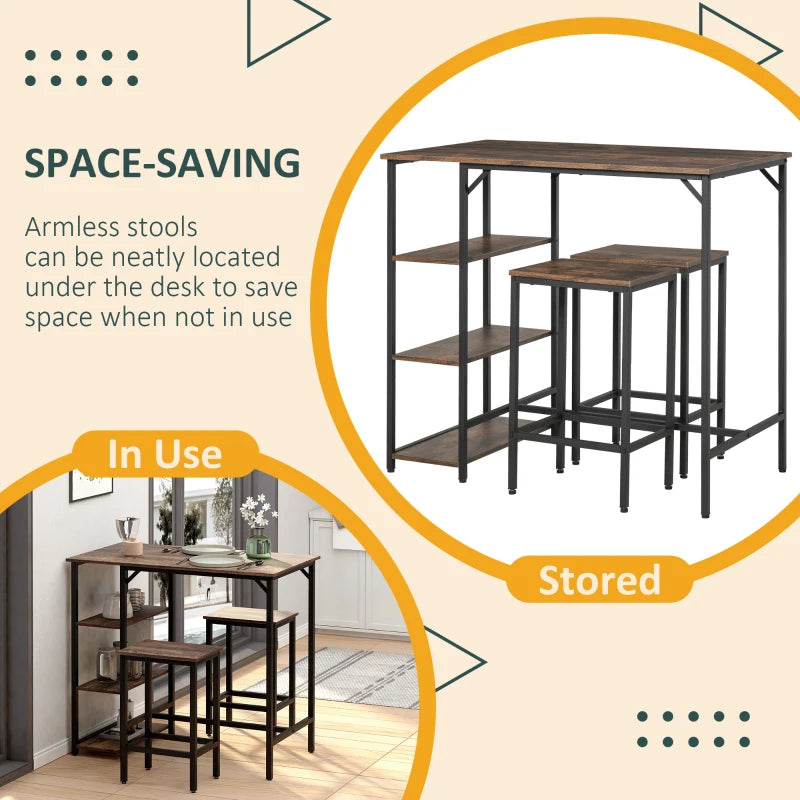 Industrial Dining Table Set for 2, Bar Table and Stools Set, Counter Height Kitchen Table with Chairs with Storage Shelf, Rustic Brown