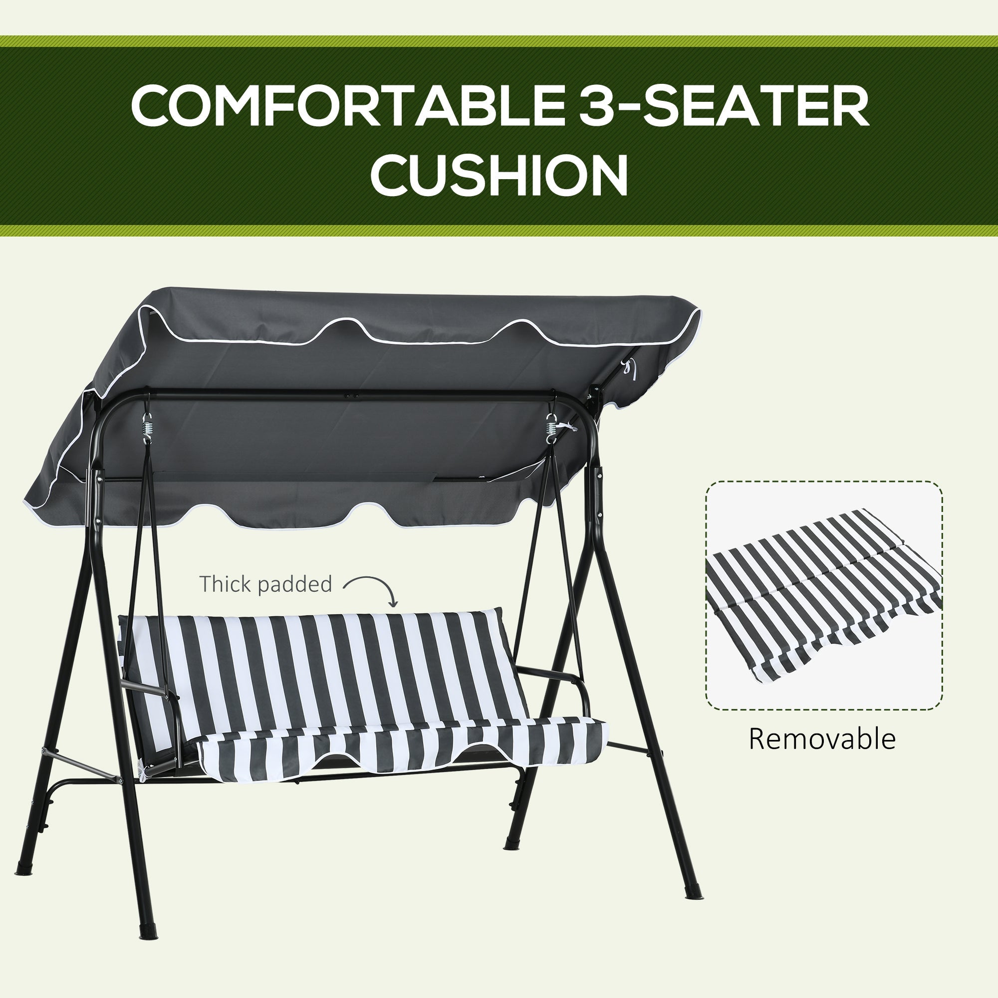 Outsunny 3-Seater Outdoor Porch Swing with Adjustable Canopy Shade: Patio Swing Chair for Garden Poolside Backyard Grey and White 