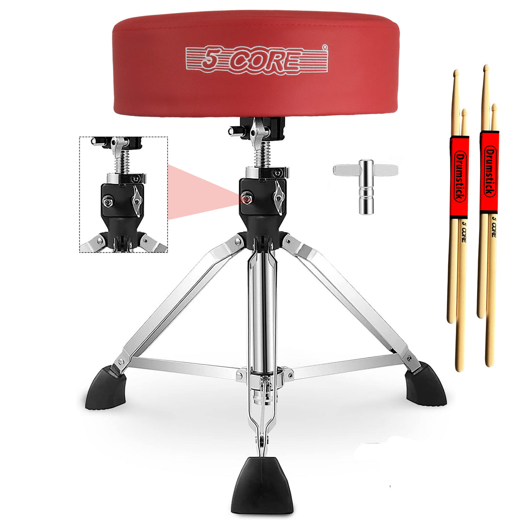 5Core Red Drum Throne Padded Adjustable Stool for Drummers & Guitarists Comfortable Seat for Adults & Kids