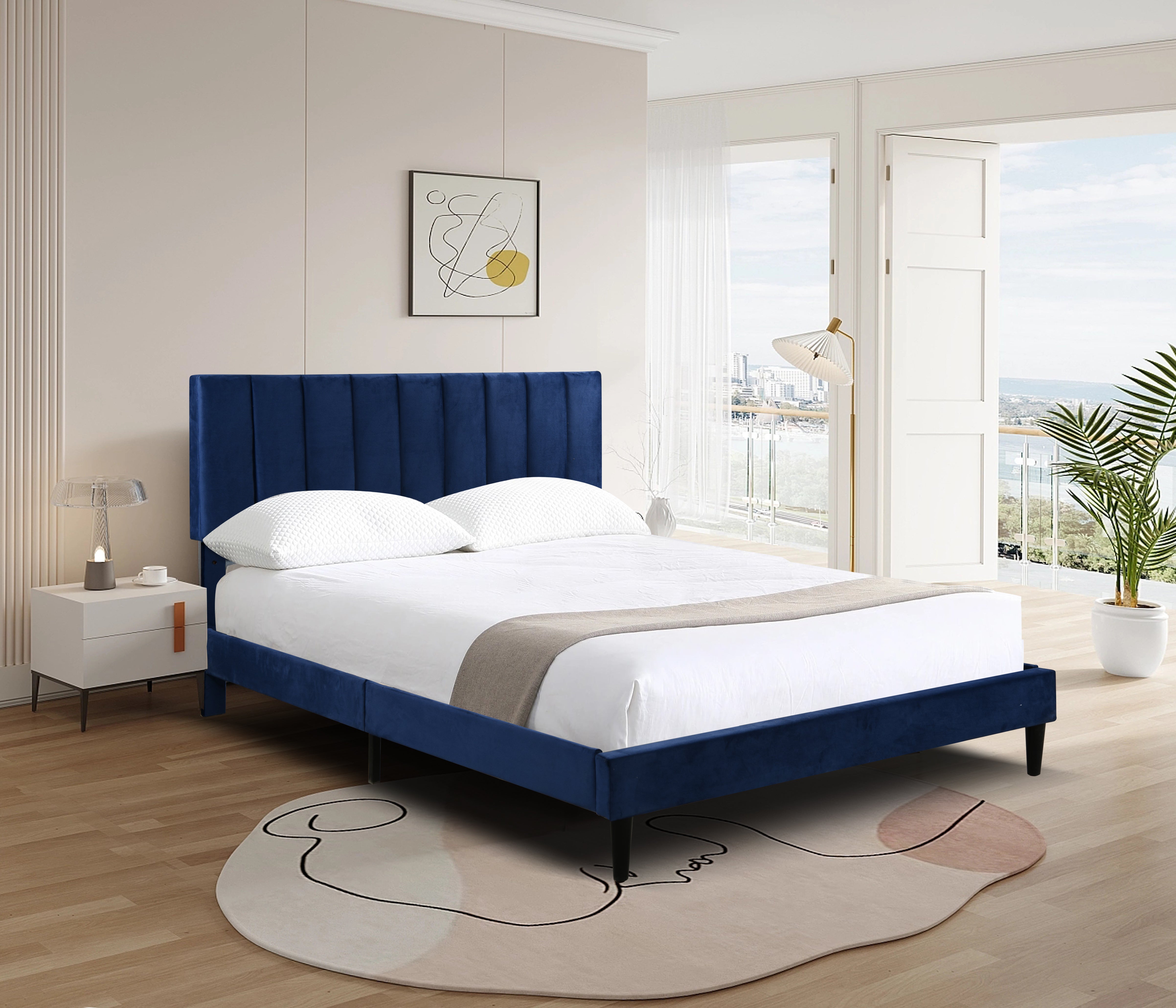 Bella Studio Clare Glam and Luxe Velvet Tufted Queen Bed with Channel Tufted Headboard, Navy 