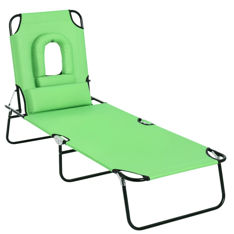 Adjustable Outdoor Lounge Chair, Garden Folding Chaise Lounge with Face Hole Reclining Tanning Chair Seat, Folding Camping Beach Lounging Bed w/ Support Pillow, Green