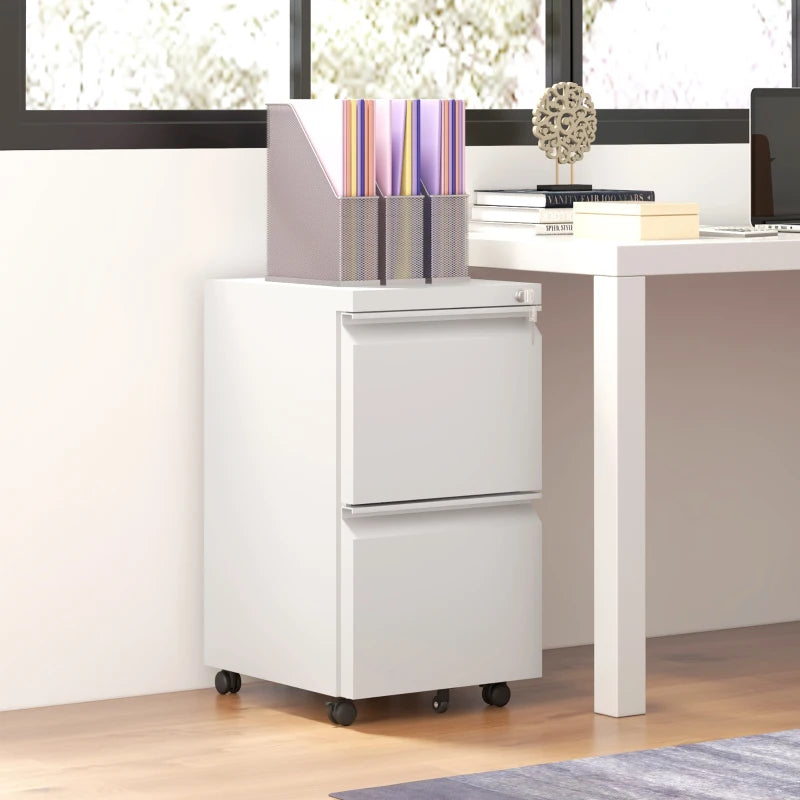 Mobile Vertical Filing Cabinet with Lock, 2-Drawer Steel File Cabinet with Adjustable Hanging Bar for Letter, A4 and Legal Size, White