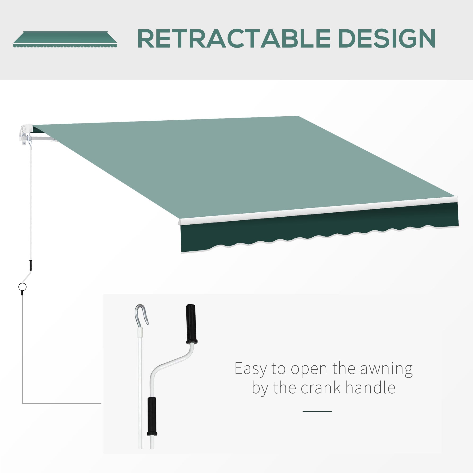 Outsunny Retractable Patio Awning: 8'x7' Manual Water-Resistant Sun Shade Canopy for Outdoor Shelter, Dark Green 