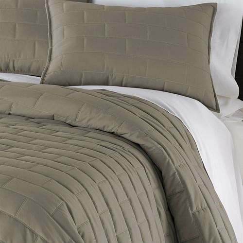 Full/Queen Modern Brick Stitch Microfiber Reversible 3 Piece Comforter Set in Taupe - Free Shipping 