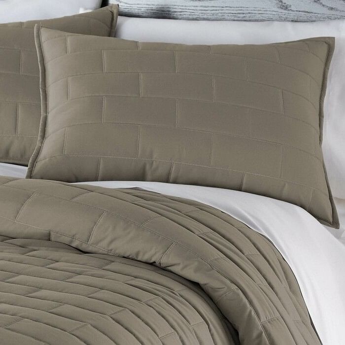 Full/Queen Modern Brick Stitch Microfiber Reversible 3 Piece Comforter Set in Taupe - Free Shipping