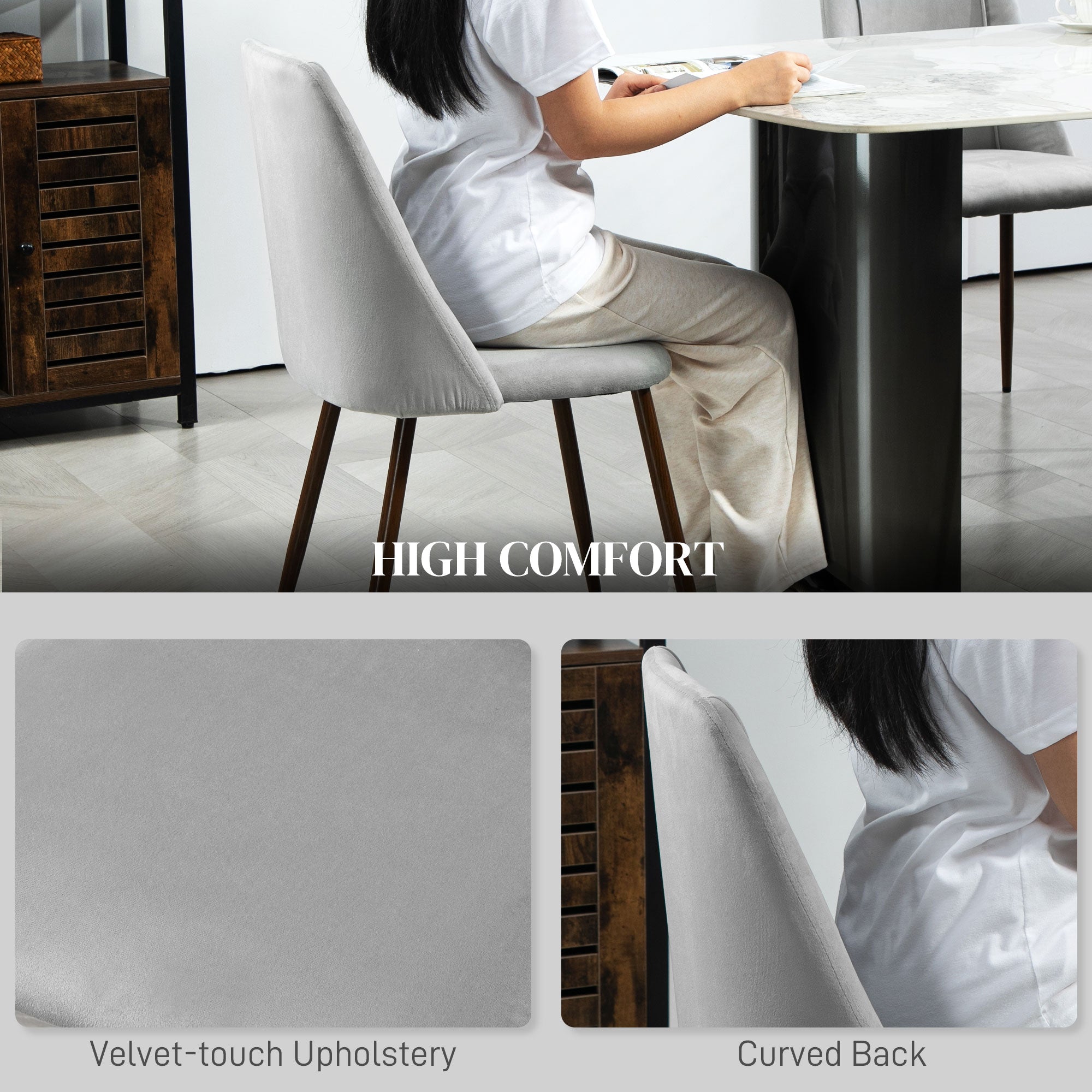 HOMCOM Upholstered Dining Chairs Set of 6, Velvet Accent Chair with Back and Wood-grain Steel Leg for Kitchen, Grey 