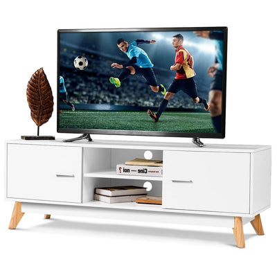 Modern Mid-Century Style Entertainment Center TV Stand in White Wood Finish - Free Shipping 