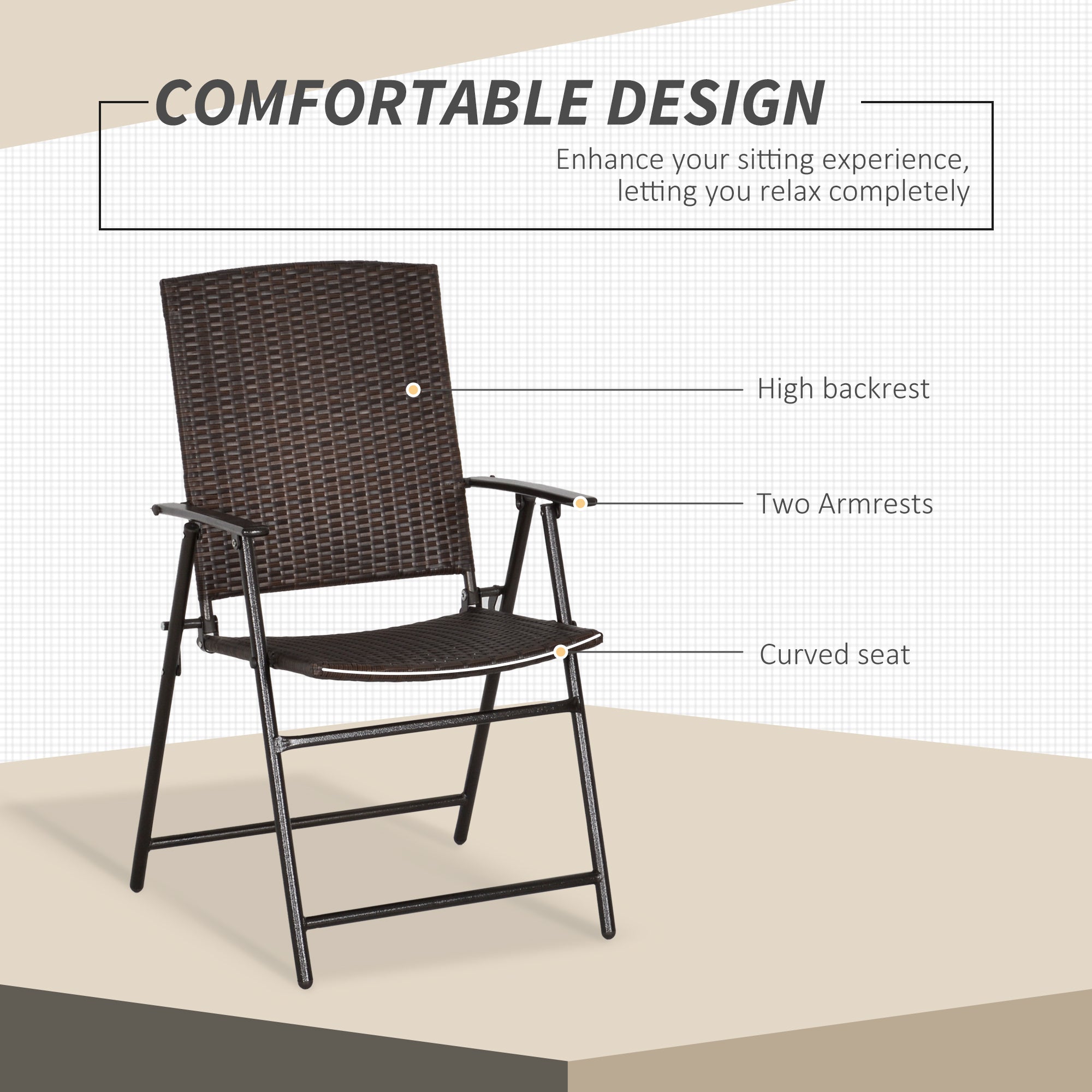 Outsunny Brown Rattan Outdoor Wicker Dining Chair Set of 4 Foldable with Steel Frame for Garden Backyard Porch 