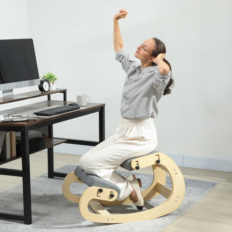 Ergonomic Kneeling Chair, Adjustable Rocking Wood Kneeling Stool, Desk Chair, Improve Posture, Grey