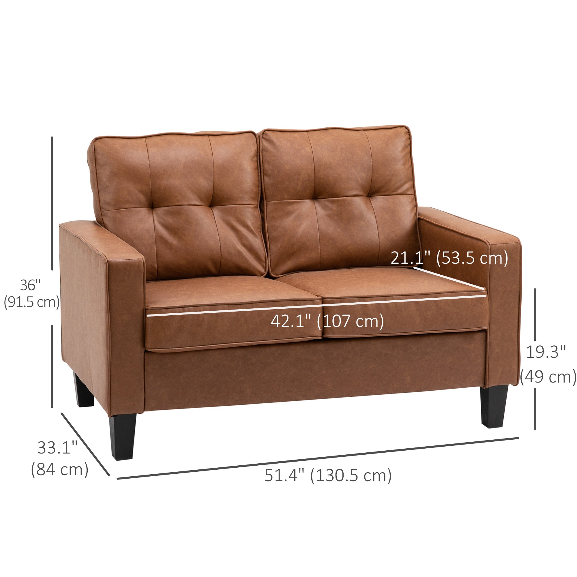 HOMCOM Brown 51" PU Leather Double Sofa with Sponge Padding and Tufted Back Comfortable Seating 