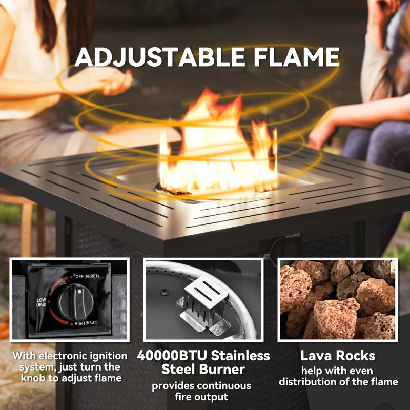 Square Gas Fire Pit Table, Smokeless Firepit with Cover, Black