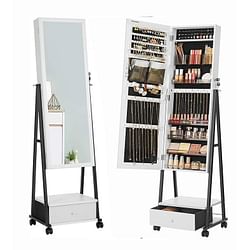 Modern Black Metal White Wood Jewelry Armoire Cabinet Organizer Mirror on Wheels - Free Shipping