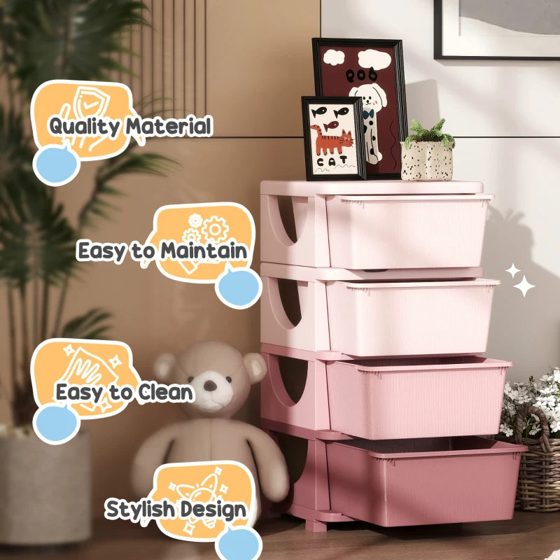 Qaba 4 Tier Kids Toy Organizer and Storage Bins with 4 Plastic Drawers, Pink