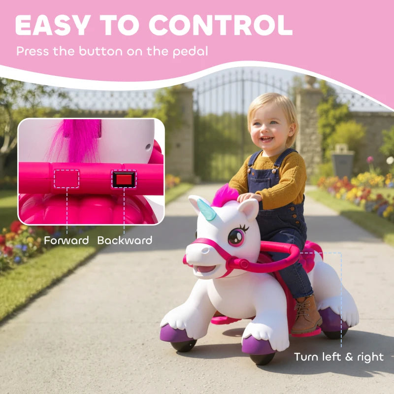 Qaba 12V Unicorn Ride on Toy, Battery Powered Kids Electric Ride on Horse with Carrot Toy, Comb, Animal Sounds, for Age 18-36 months