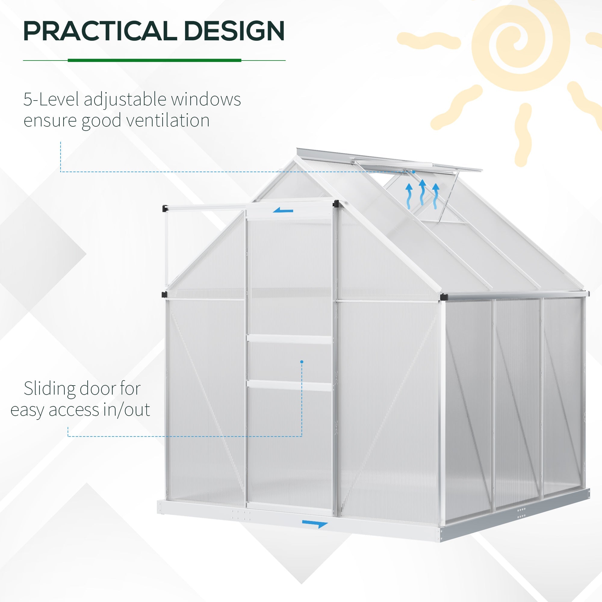 Outsunny 6' x 6' Aluminum Greenhouse Polycarbonate Walk-in Garden Greenhouse Kit with Adjustable Roof Vent, Rain Gutter  Sliding Door| Aosom Canada 