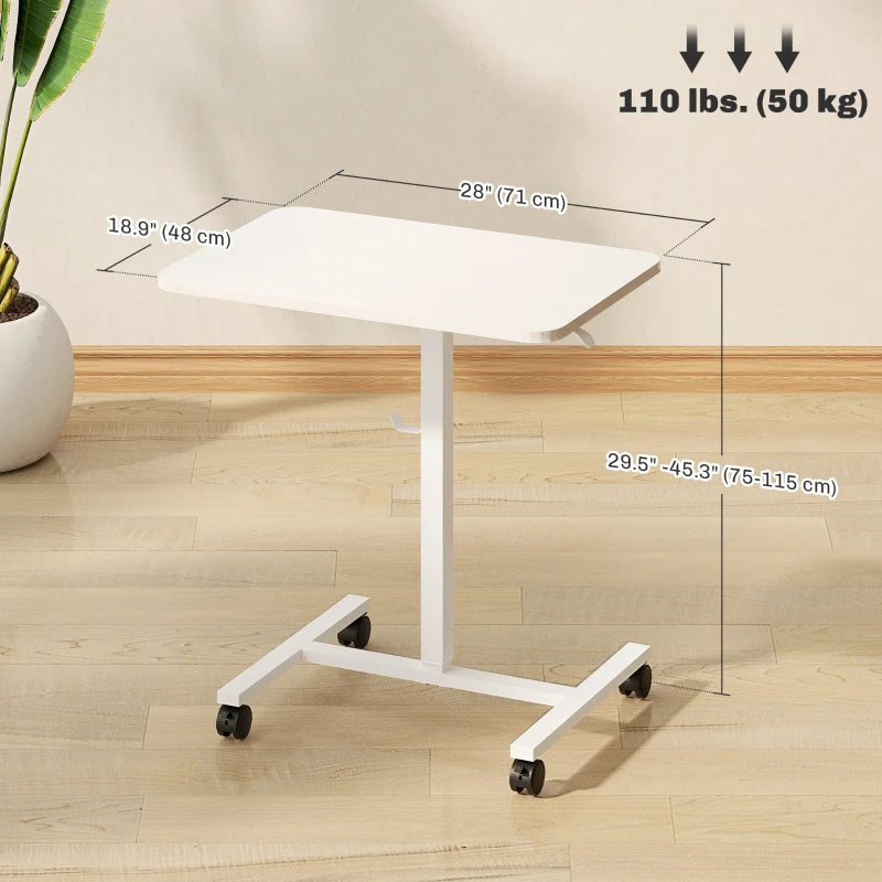 Height Adjustable Standing Desk, Pneumatic Sit Stand Desk with Wheels and Headphone Hook, White Wood Grain
