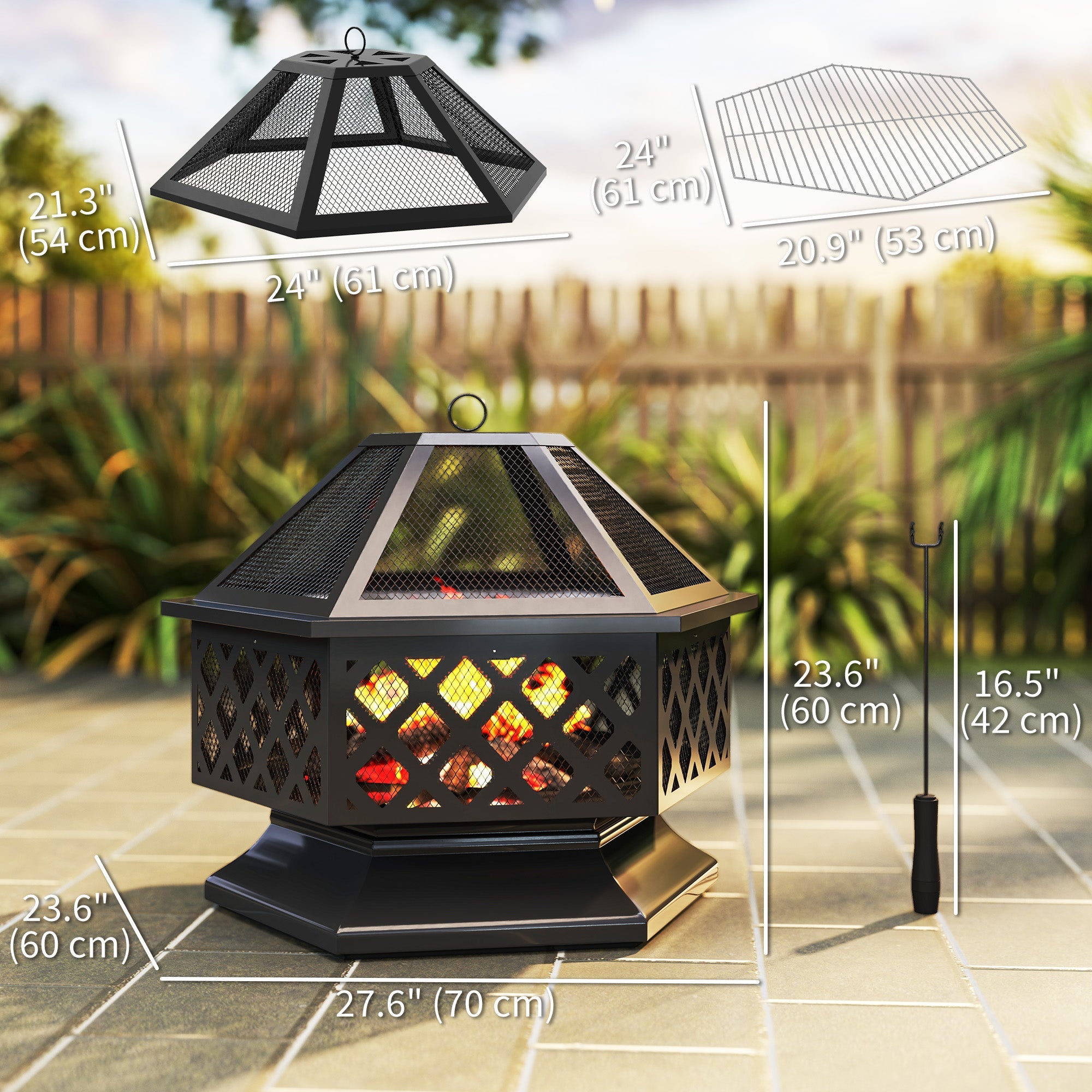 Outsunny 28" Outdoor Fire Pit Wood Burning Firepit with BBQ Grill, Spark Screen, Poker for Patio Backyard Camping Picnic Bonfire 