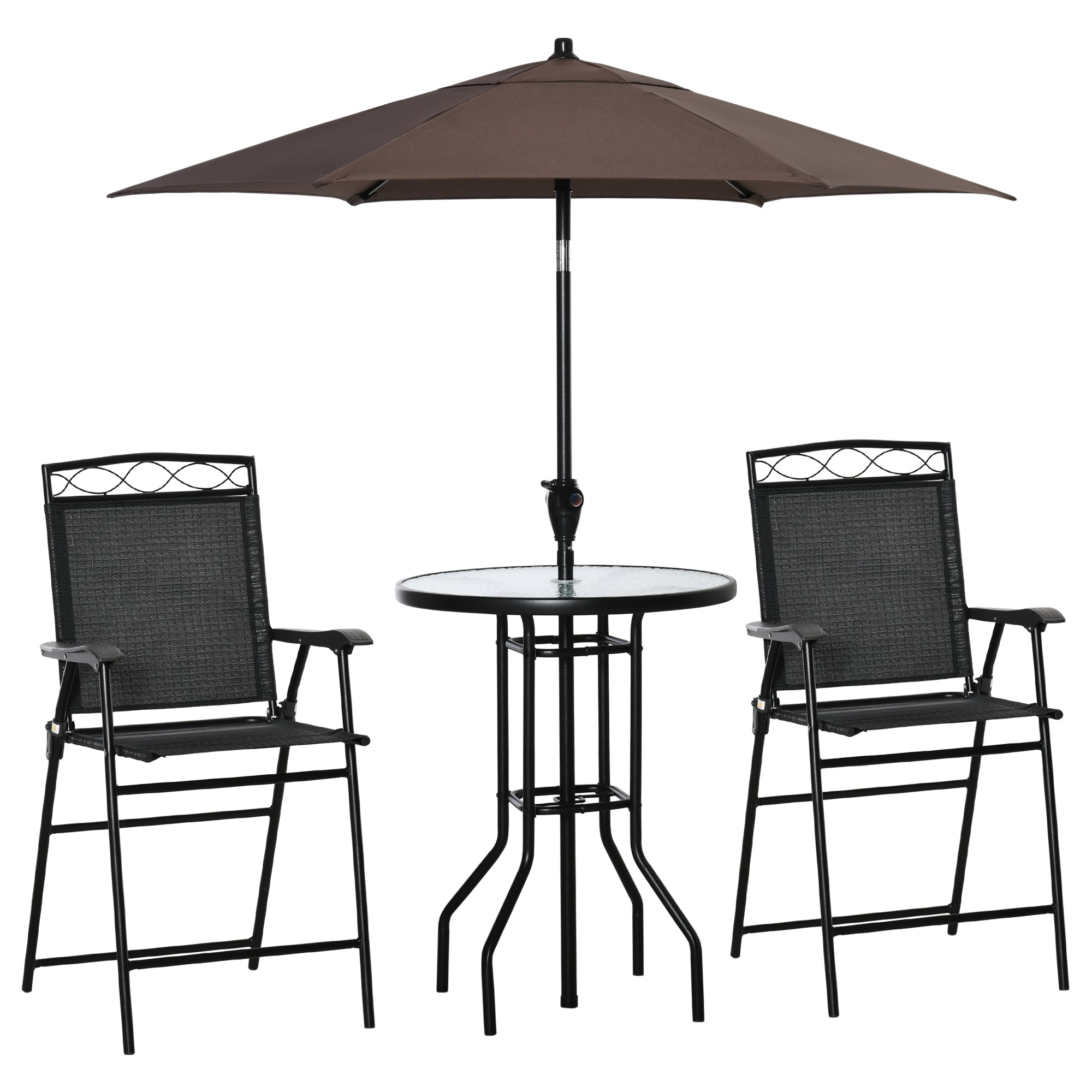 Outsunny 4 Piece Patio Bar Set, Sling Folding Outdoor Furniture with Umbrella for Poolside, Backyard and Garden, Black 