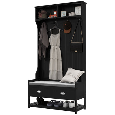 HOMCOM Coat Rack Shoe Bench, Hall Tree with Bench and Shoe Storage, Entryway Bench with 4 Hooks, 2 Drawers, 2 Shelves, Black 