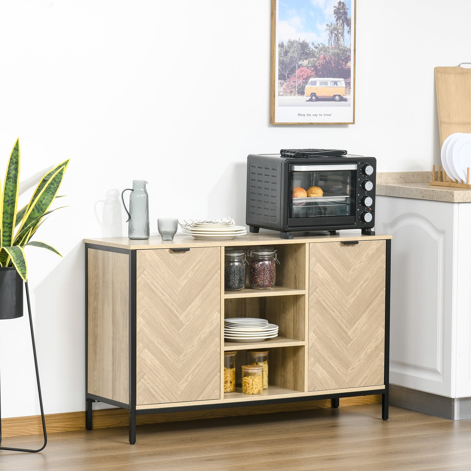 HOMCOM Oak Tone Buffet Storage Cabinet: Sideboard Bar Cabinet with 2 Doors and Adjustable Shelves for Dining Room, Kitchen 