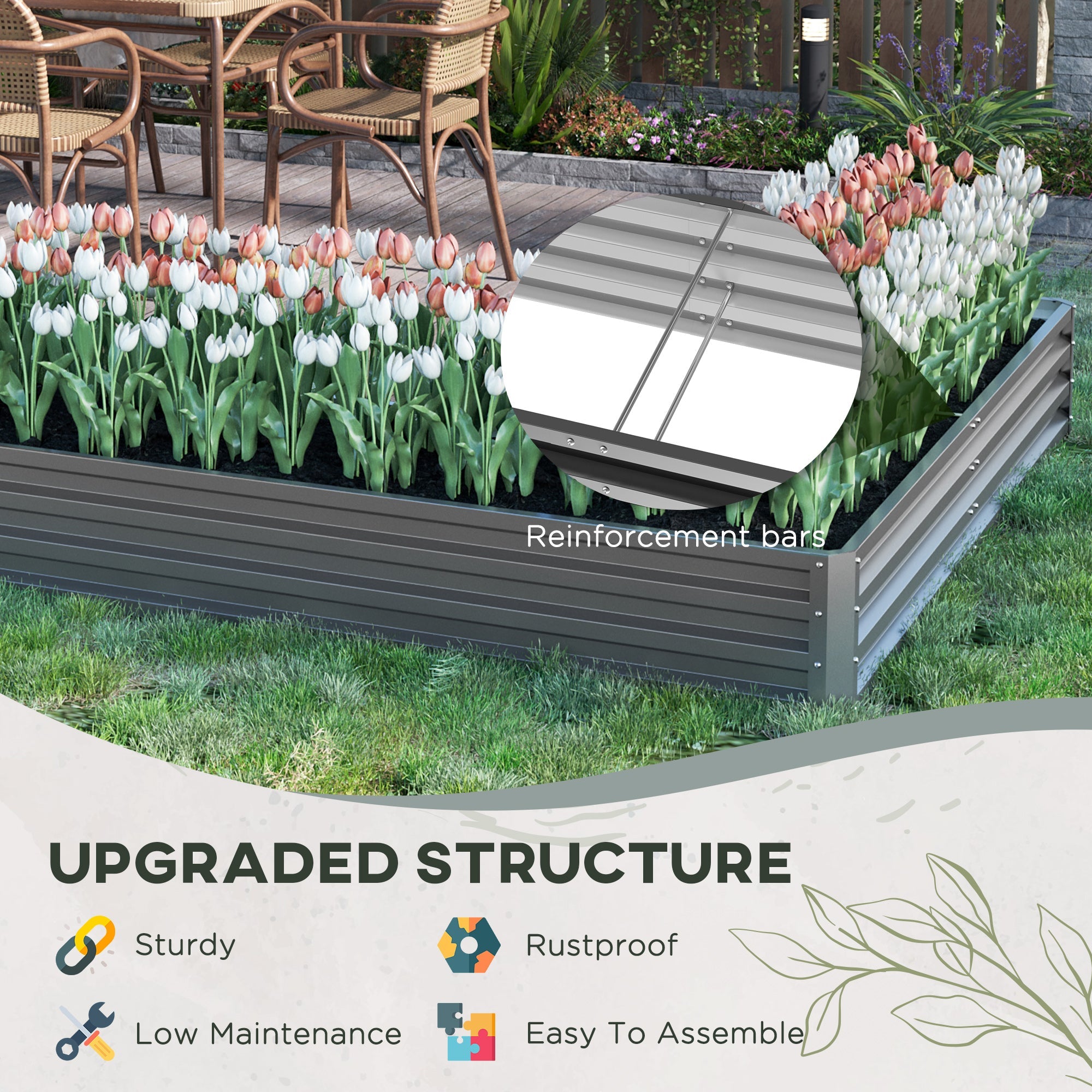 Outsunny 82" x 109" x 12" L-Shaped Galvanized Steel Raised Garden Bed Planter Box Multi-Rods Dark 