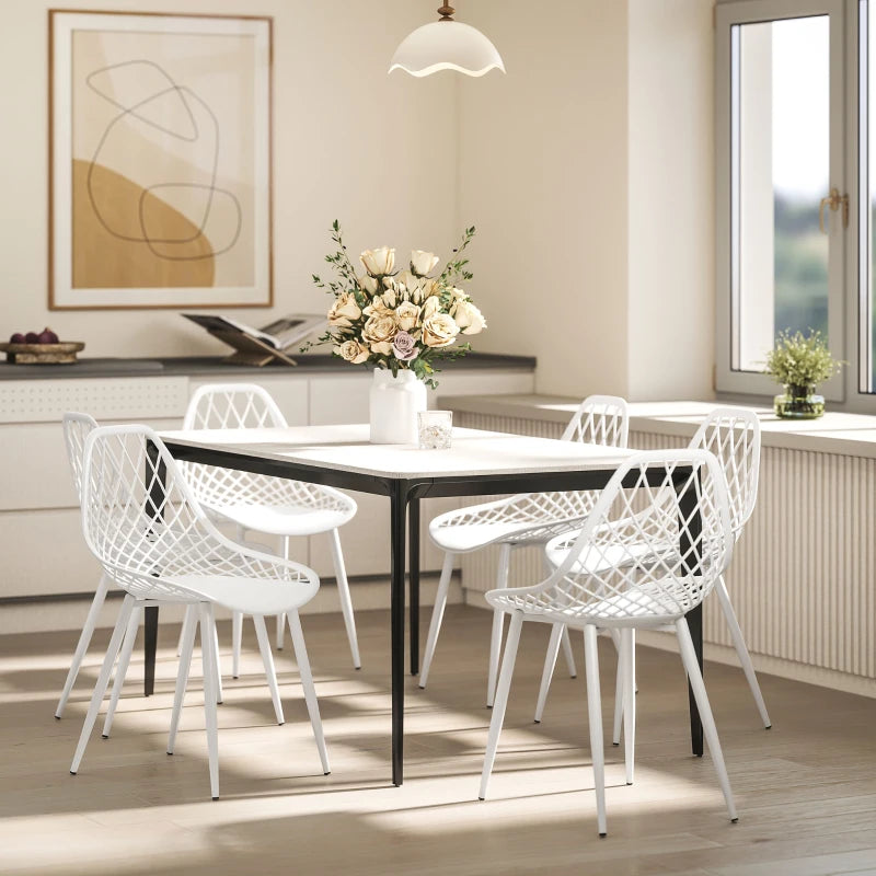 Modern Dining Chairs Set of 4, Plastic Kitchen Chairs with Hollow Backrest and Metal Legs for Living Dining Room, White