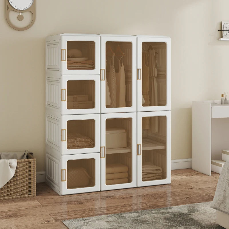 Portable Wardrobe, Foldable Plastic Closet with 8 Compartments, 2 Hanging Rods and Magnetic Clear Doors, Brown