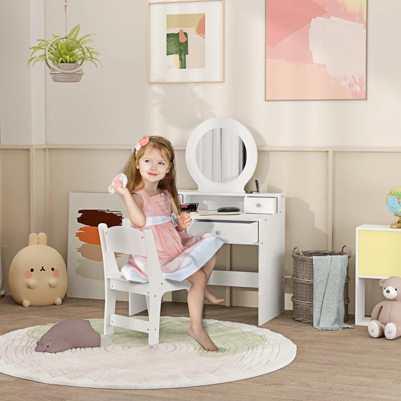 Qaba Kids Vanity Set, Children Makeup Table with Mirror, Stool and Storage Drawers, for Ages 3-8, White