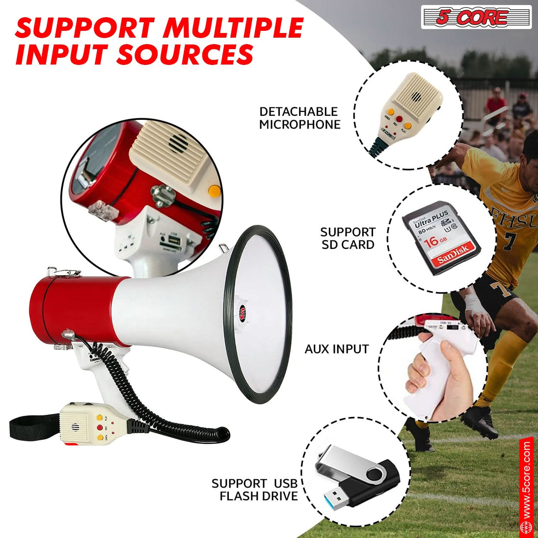 5Core Megaphone Bullhorn Speaker 50W Bull Horn Rechargeable Cheer Megafono 1200Ft